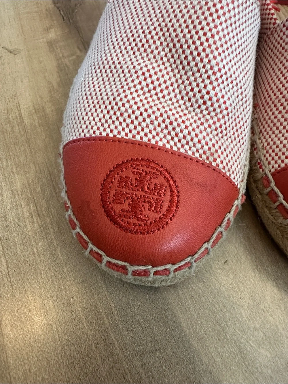 Tory Burch Coral and White Woven Espadrille Slip-Ons